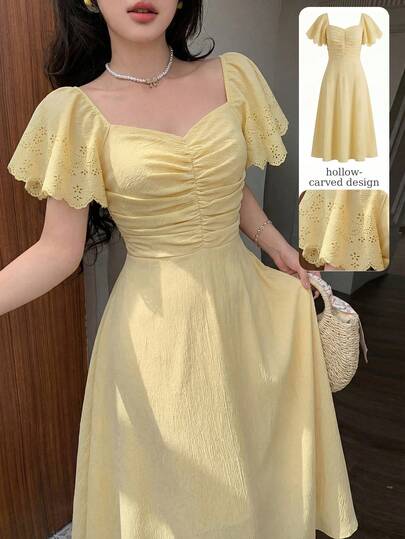 Não perca esta oferta granModelyn Vestido Elegante e Romântico de Manga Curta Amarelo Feminino, Cintura Franzida, Plissado em A, Comprimento Médio, Primavera/Verão 50+ vendido 🎁Cupom 50% OFF para todo Novo Usuário! 