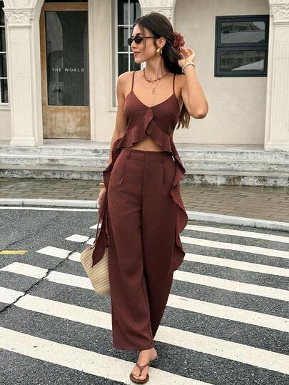 Serisse Conjunto de 2 peças com Regata Minimalista e Calça em Cor Sólida para Mulheres  🎁Cupom 50% OFF para todo Novo Usuário! 