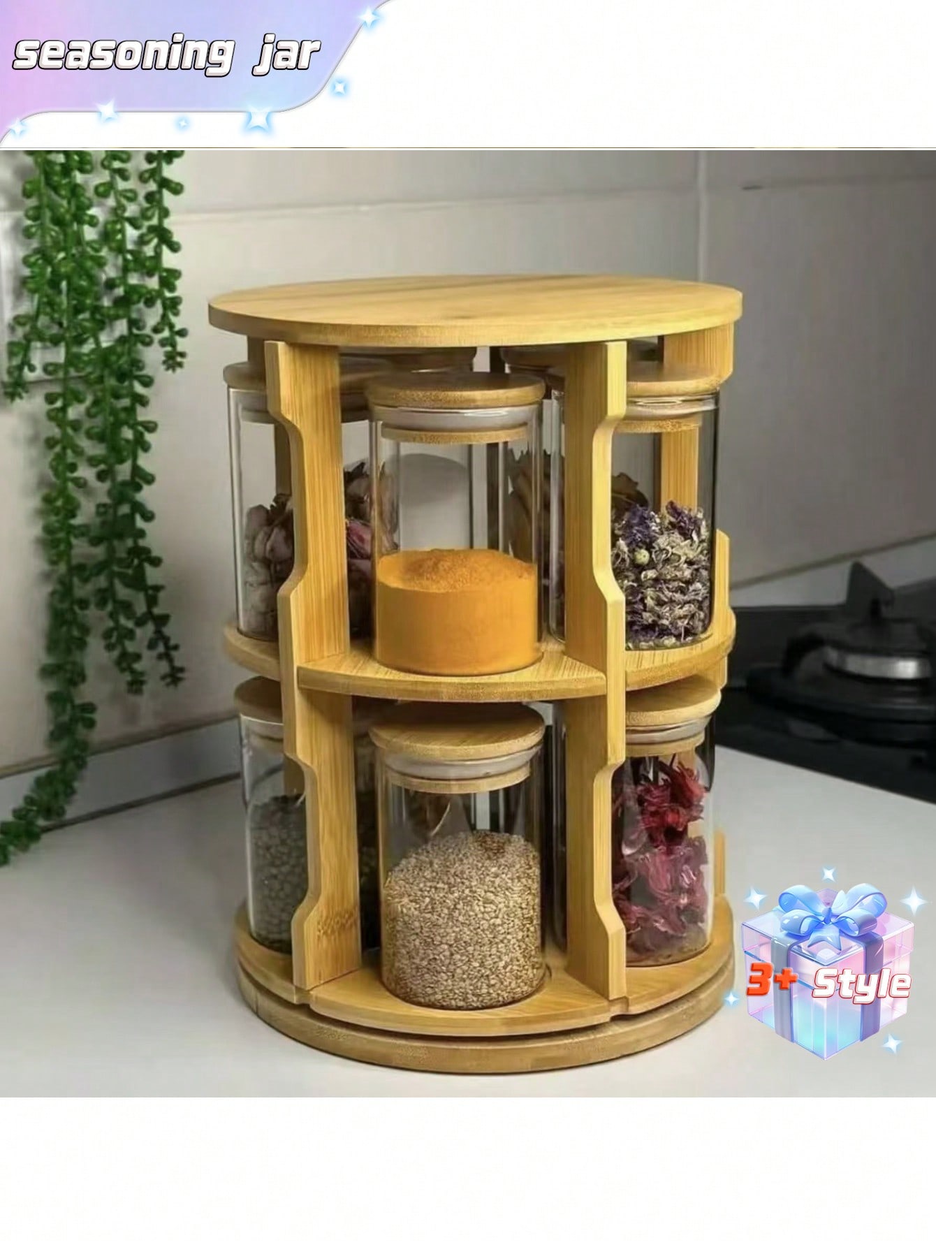 Conjunto de Estante de Especiarias de Madeira de Duas Camadas Disponível, com Potes de Especiarias de Vidro de 65mm*100mm, Estante de Especiarias de Madeira Doméstica, Bandeja Giratória de 2 Camadas, Estante de Armazenamento de Cozinha, Estante de Armazenamento de Especiarias de Armário, Potes de Armazenamento de Alimentos Herméticos, Potes de Vidro Herméticos. 