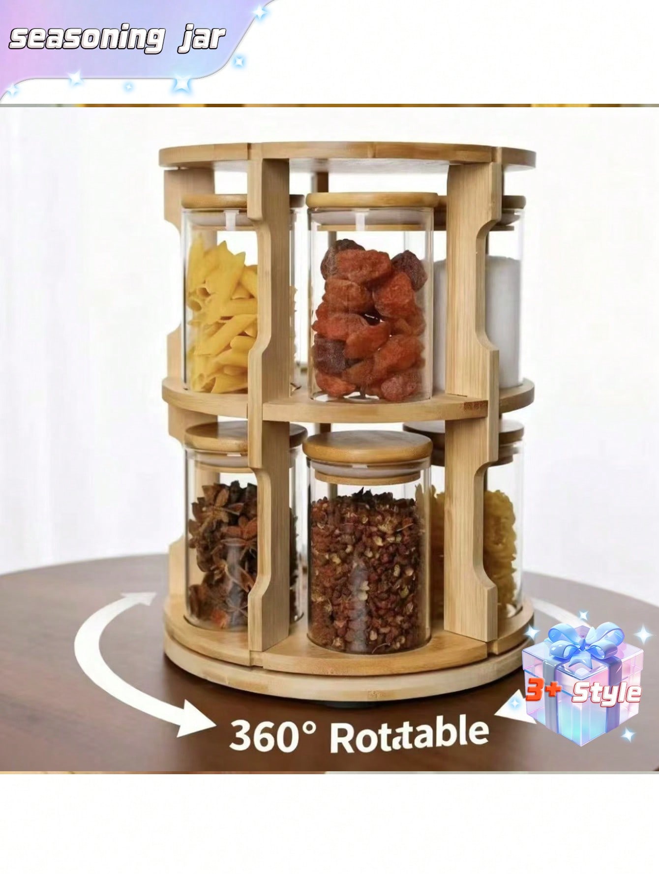 Conjunto de Estante de Especiarias de Madeira de Duas Camadas Disponível, com Potes de Especiarias de Vidro de 65mm*100mm, Estante de Especiarias de Madeira Doméstica, Bandeja Giratória de 2 Camadas, Estante de Armazenamento de Cozinha, Estante de Armazenamento de Especiarias de Armário, Potes de Armazenamento de Alimentos Herméticos, Potes de Vidro Herméticos.  2