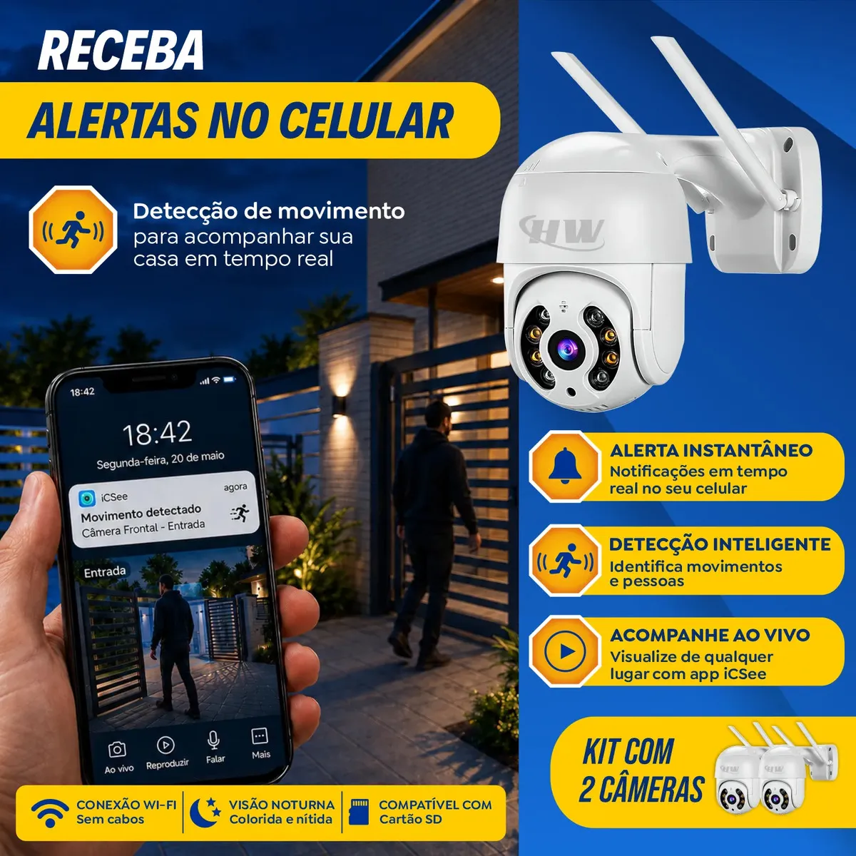 Kit 2 Câmera Segurança Ip Interna Externa Wifi iCSee Infravermelho Prova D’Água - HW 2