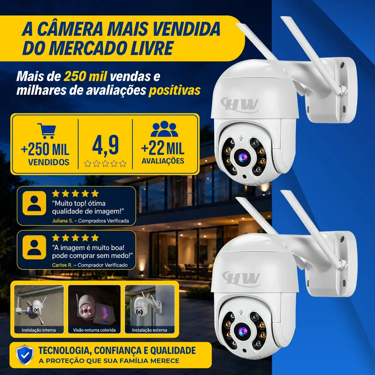 Kit 2 Câmera Segurança Ip Interna Externa Wifi iCSee Infravermelho Prova D’Água - HW 4
