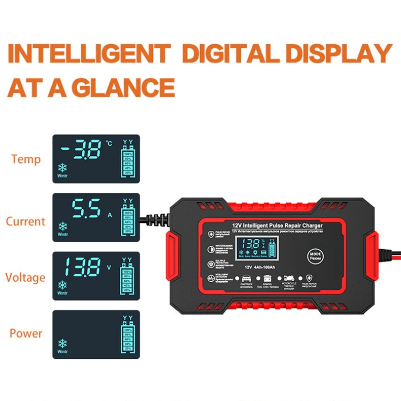 Carregador de bateria automotivo inteligente 12 V - Display Digital Automático Energia Reparação Puls 3