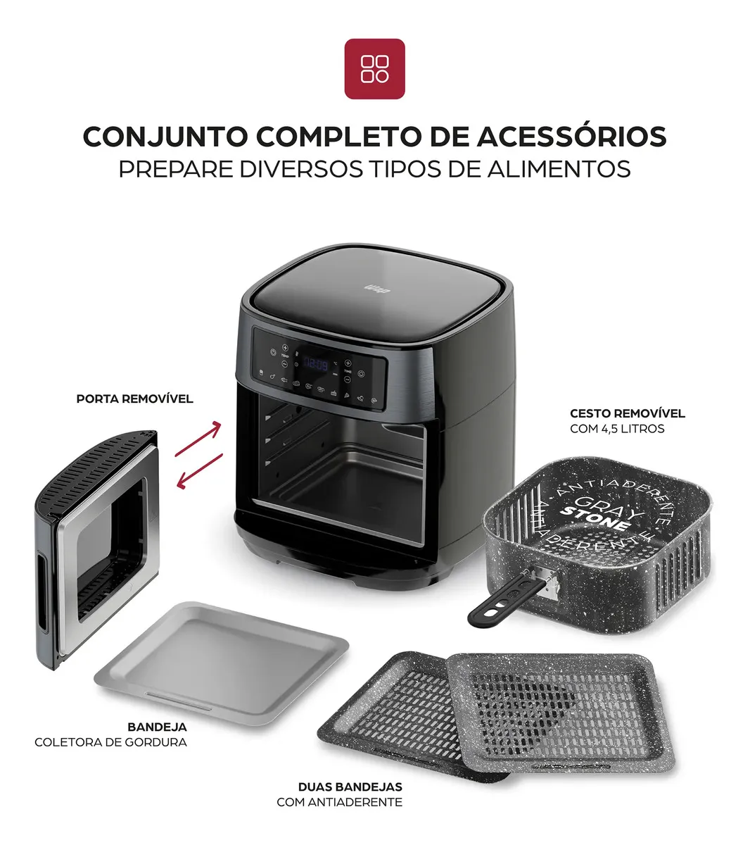 Fritadeira Elétrica Air Fryer Oven Black INOX WAP WAOD2 12 Litros 4 em 1 Porta com Abertura Lateral e Removível 1800W 6