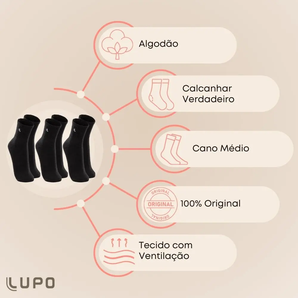 Kit 10 Pares Meia Lupo Original Masculina Cano Médio Algodão 2