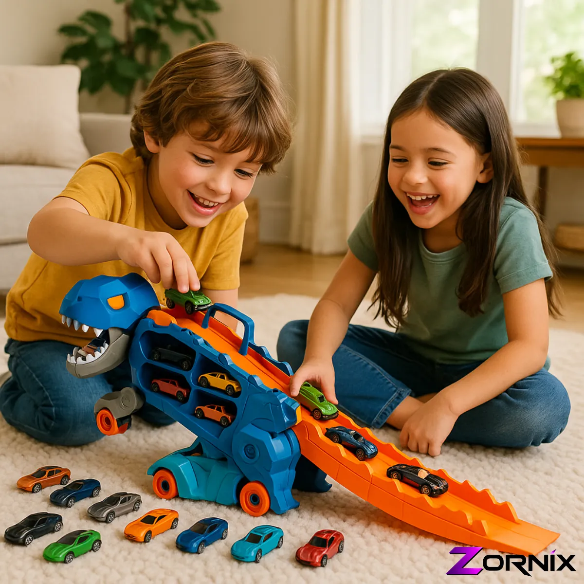 Caminhão Dinossauro ZORNIX com Pista e Lançador de Carrinhos 6