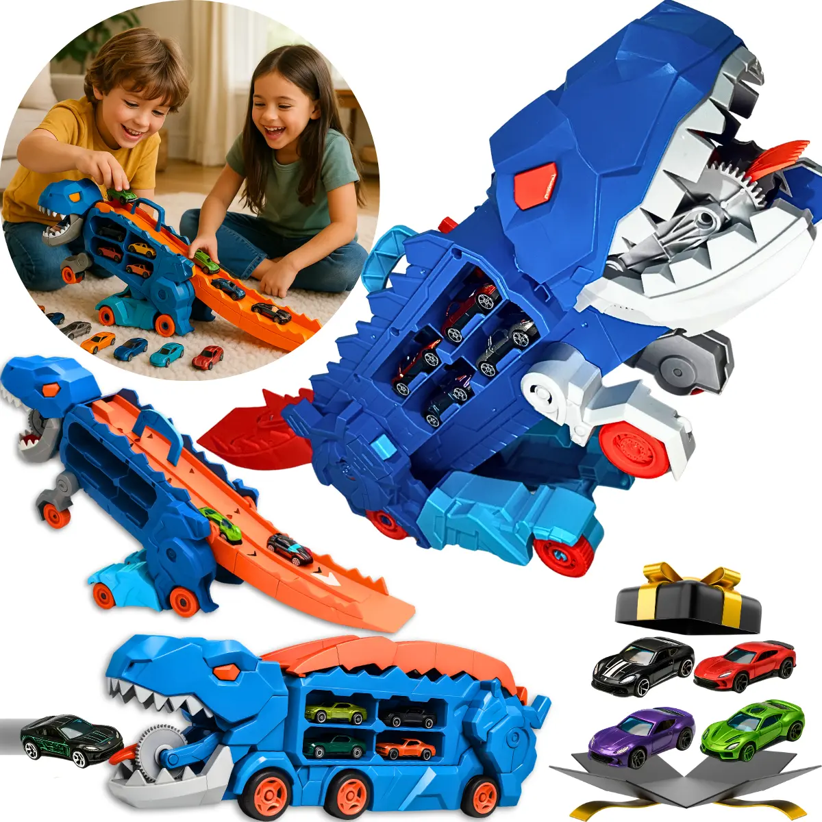 Caminhão Dinossauro ZORNIX com Pista e Lançador de Carrinhos 7