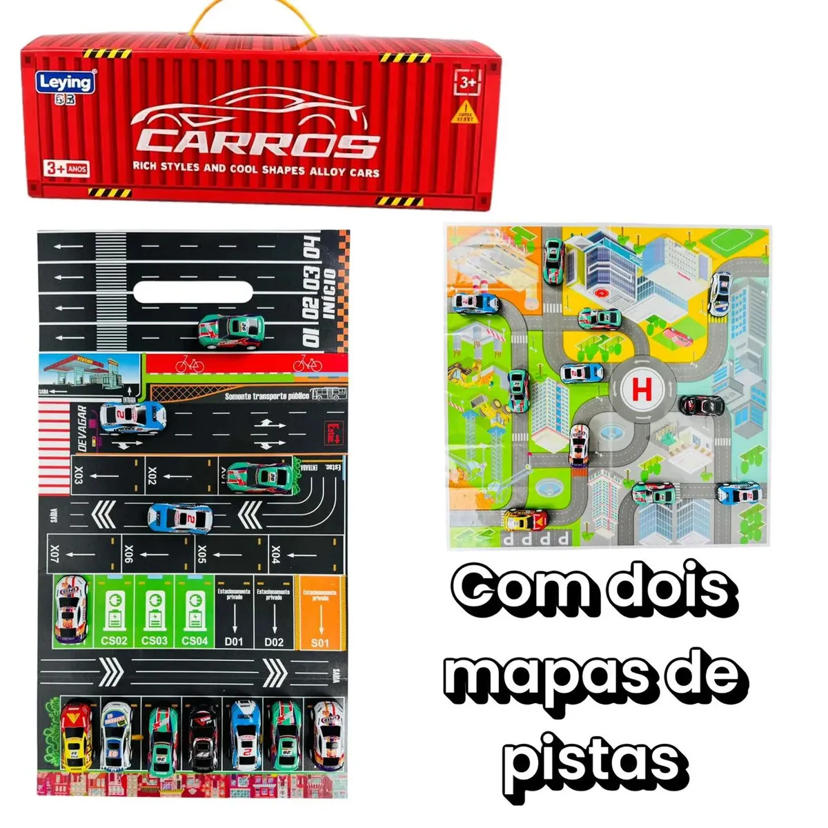 Kit 48 Mini Carrinhos De Fricção De Metal Com 2 Pistas Com Container Afortunado Imports 3