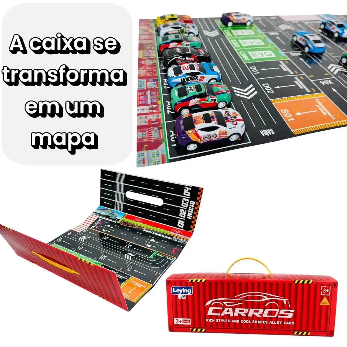 Kit 48 Mini Carrinhos De Fricção De Metal Com 2 Pistas Com Container Afortunado Imports 2