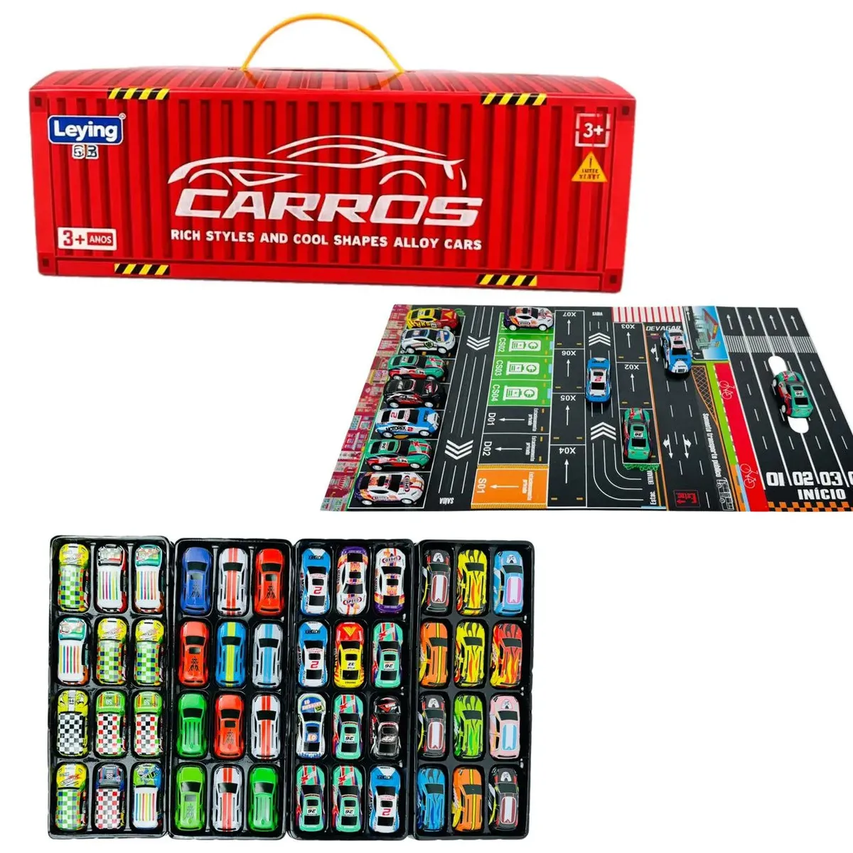 Kit 48 Mini Carrinhos De Fricção De Metal Com 2 Pistas Com Container Afortunado Imports 4