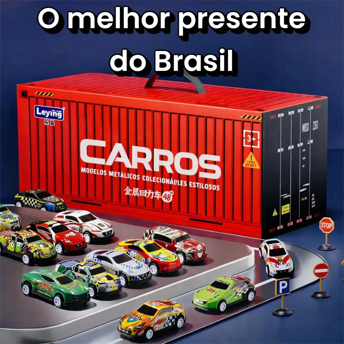Kit 48 Mini Carrinhos De Fricção De Metal Com 2 Pistas Com Container Afortunado Imports 5