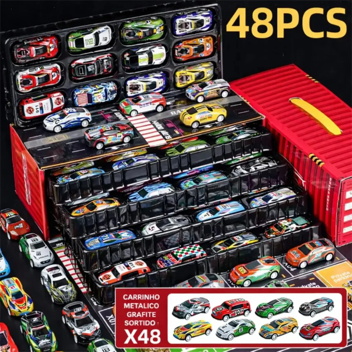 Kit 48 Mini Carrinhos De Fricção De Metal Com 2 Pistas Com Container Afortunado Imports 6