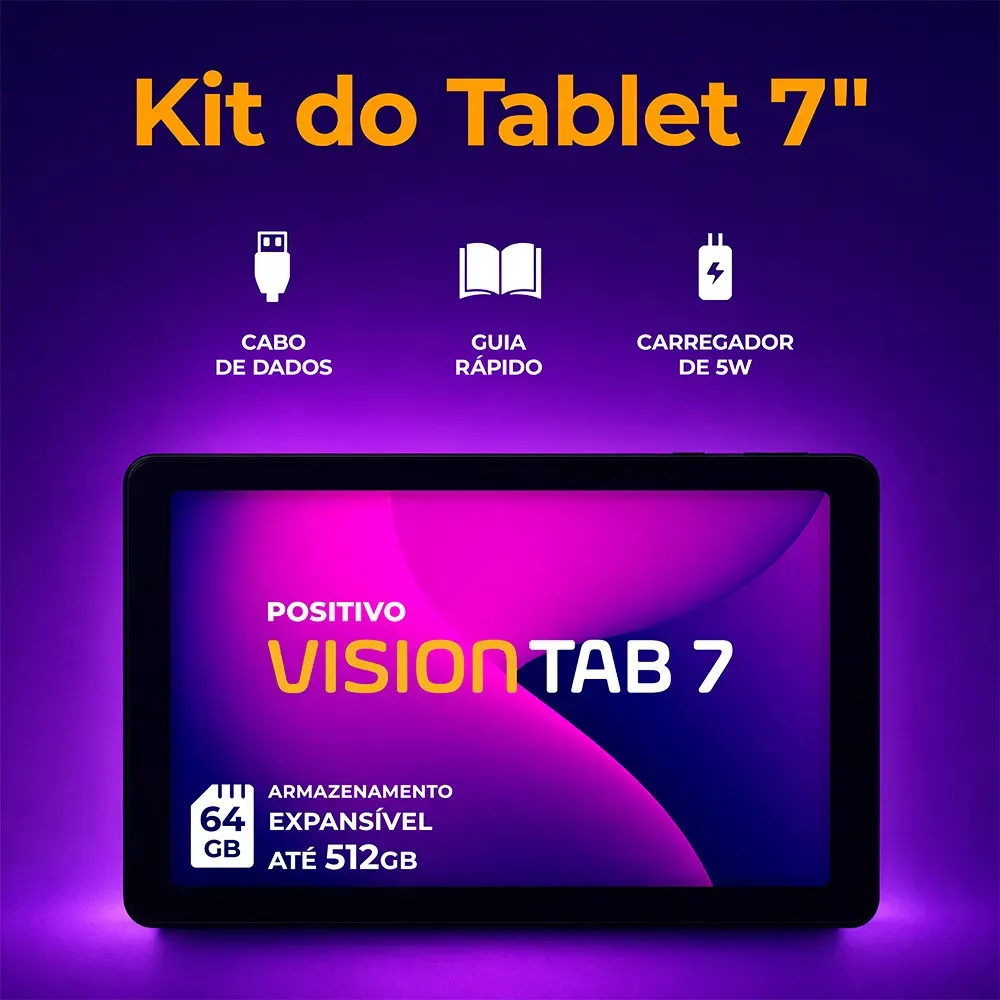 Tablet Positivo Vision TAB 7 - Processador Octa-Core 3GB RAM 64GB Armazenamento Tela 7” IPS Bateria 3100mAh, Android 14 Go, Wi-fi - Preto 3
