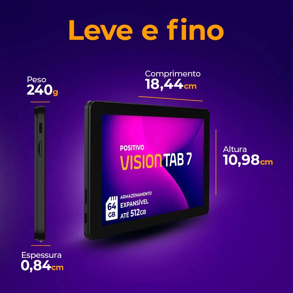 Tablet Positivo Vision TAB 7 - Processador Octa-Core 3GB RAM 64GB Armazenamento Tela 7” IPS Bateria 3100mAh, Android 14 Go, Wi-fi - Preto 4