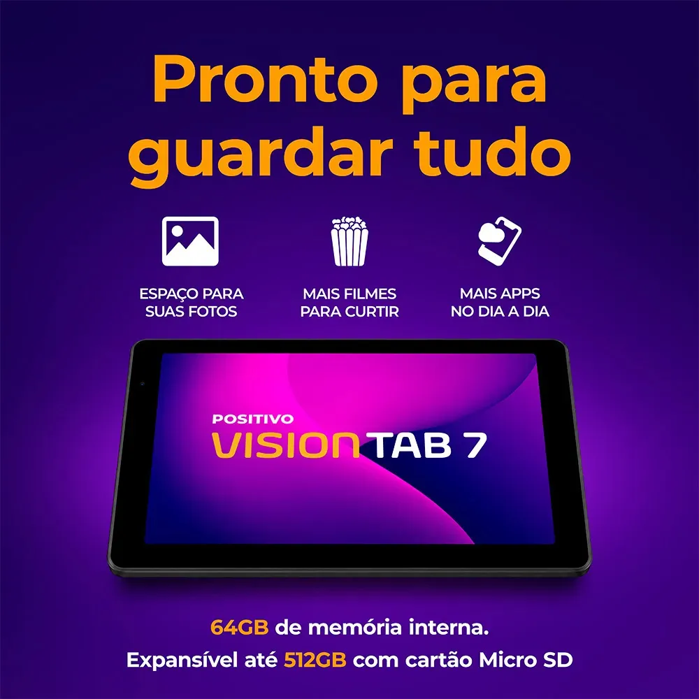 Tablet Positivo Vision TAB 7 - Processador Octa-Core 3GB RAM 64GB Armazenamento Tela 7” IPS Bateria 3100mAh, Android 14 Go, Wi-fi - Preto 6