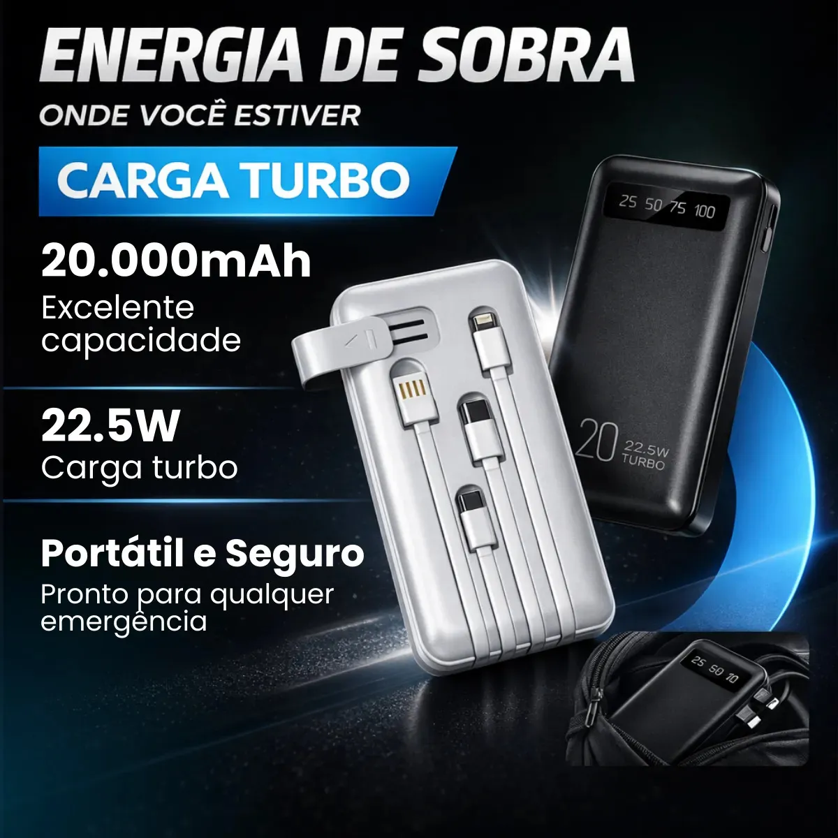 Power Bank 20000mah Carregador Portátil Turbo Rápido 22.5w Display Digital Preto 2