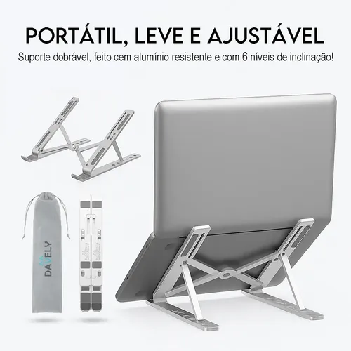 Base Suporte Para PC Notebook Alumínio Portátil Articulado Dobrável Tablet Laptop Mesa Davely Cor Prateado 3