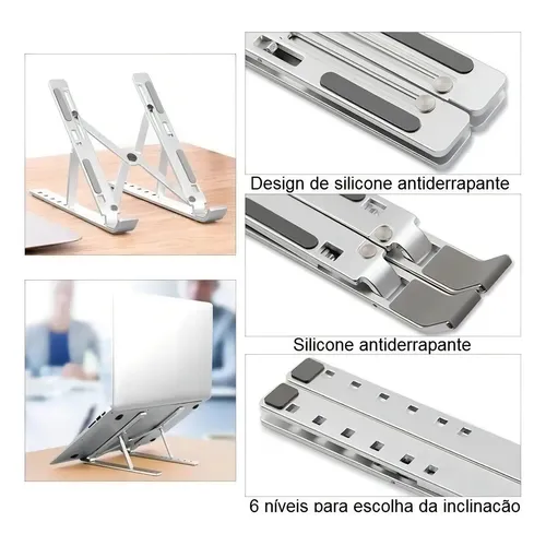 Base Suporte Para PC Notebook Alumínio Portátil Articulado Dobrável Tablet Laptop Mesa Davely Cor Prateado 7