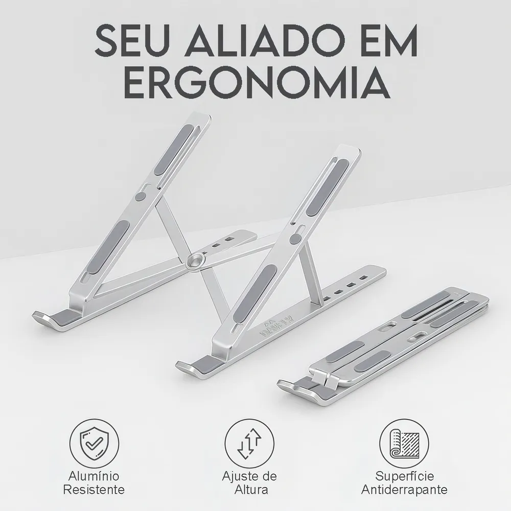 Base Suporte Para PC Notebook Alumínio Portátil Articulado Dobrável Tablet Laptop Mesa Davely Cor Prateado 11