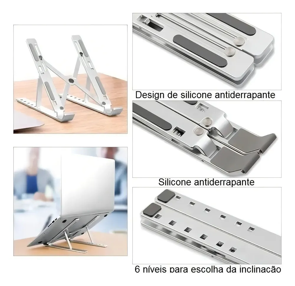 Base Suporte Para PC Notebook Alumínio Portátil Articulado Dobrável Tablet Laptop Mesa Davely Cor Prateado 14