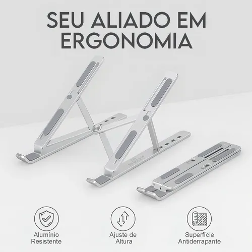 Base Suporte Para PC Notebook Alumínio Portátil Articulado Dobrável Tablet Laptop Mesa Davely Cor Prateado 15