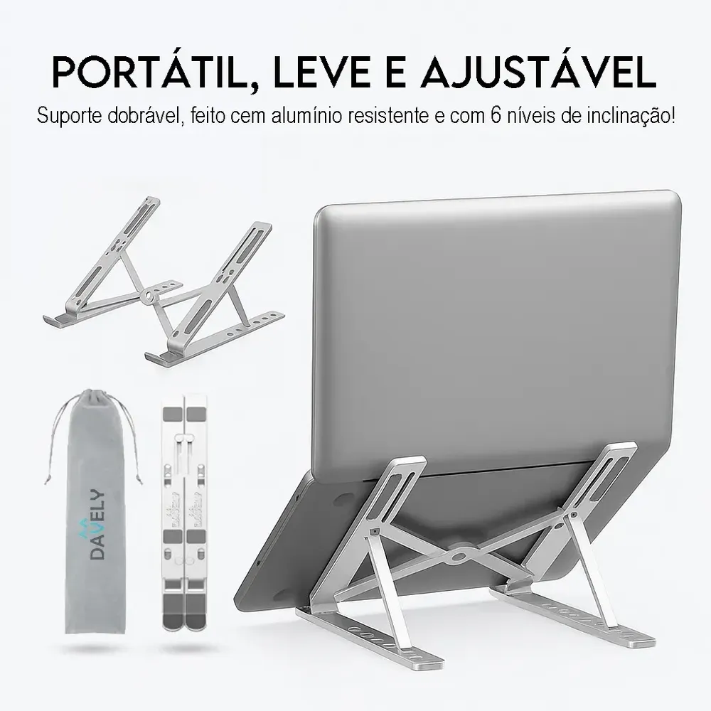 Base Suporte Para PC Notebook Alumínio Portátil Articulado Dobrável Tablet Laptop Mesa Davely Cor Prateado 12