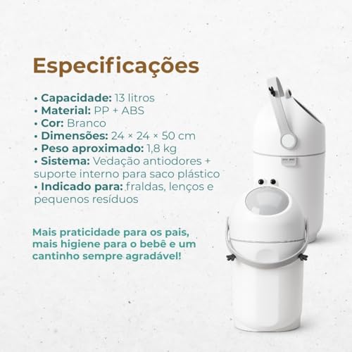Lixeira para Fraldas Bebê 13 Litros com Vedação Anti Odor e Tampa Higiênica 7
