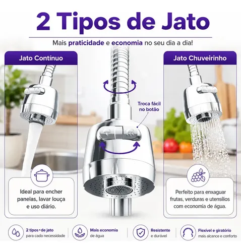 Torneira Purificadora de Água Flexível Cromada - Filtro Carbon Block 5