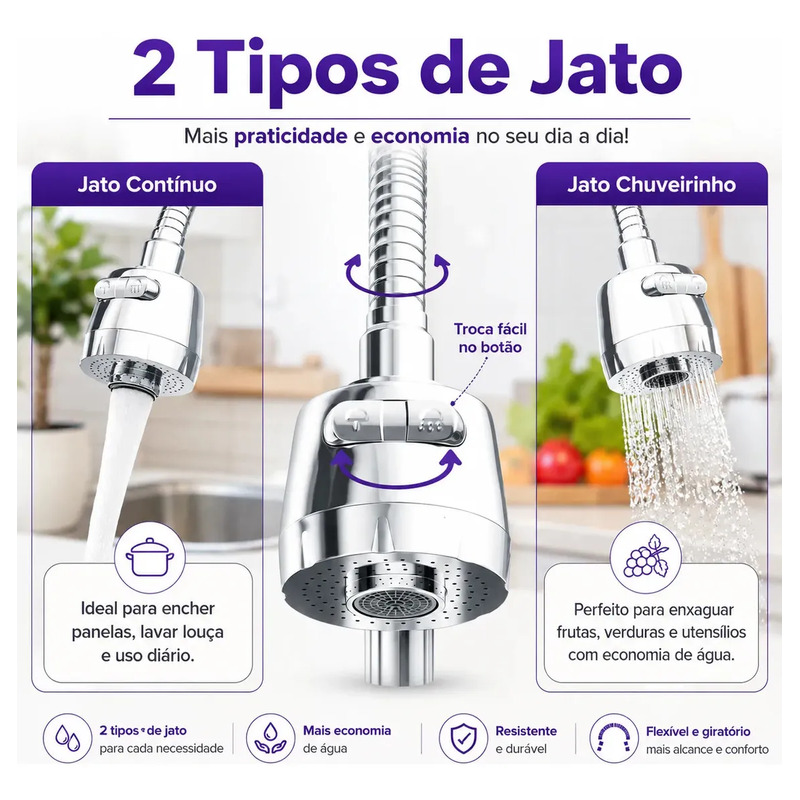 Torneira Purificadora de Água Flexível Cromada - Filtro Carbon Block 9