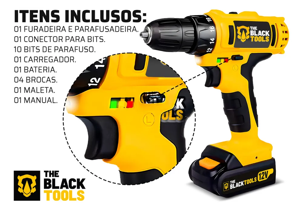 Furadeira Parafusadeira Sem Fio A Bateria Tb-12e 12v 3/8 10mm Com Maleta 7