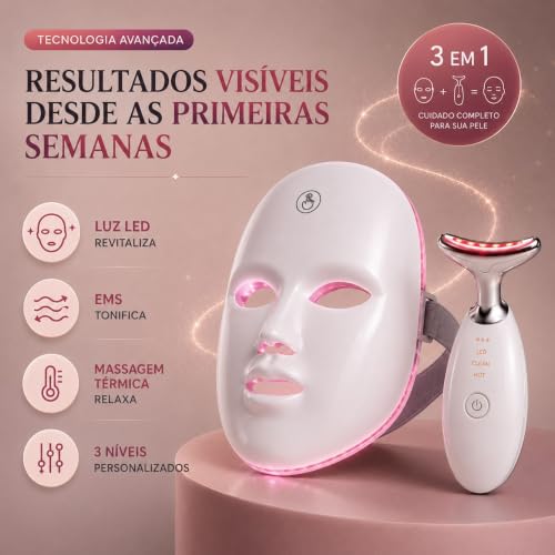Kit Máscara LED Facial 7 Cores + Massageador 90 LEDs Recarregável