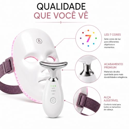 Kit Máscara LED Facial 7 Cores + Massageador 90 LEDs Recarregável 3