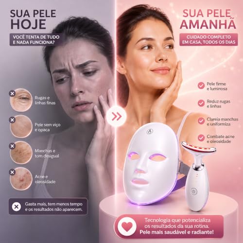 Kit Máscara LED Facial 7 Cores + Massageador 90 LEDs Recarregável 5
