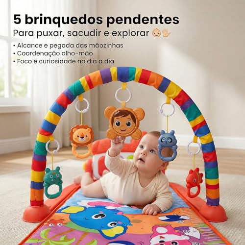 Tapete Ginásio de Atividades Bebê com Piano Musical, Arco com 5 Brinquedos Pendentes para Estímulo... 7