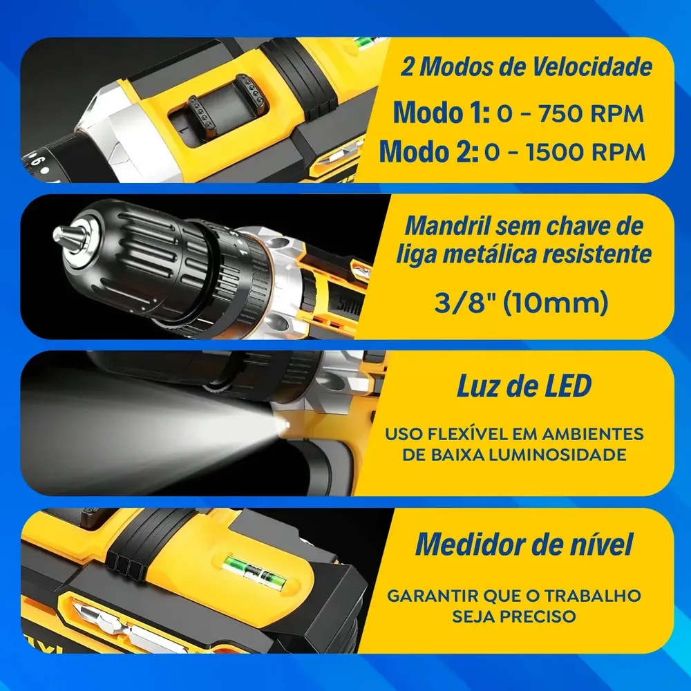 Parafusadeira Furadeira Completa com 2 Baterias, LED e 4 Níveis de Torque Flexível Grande... 8