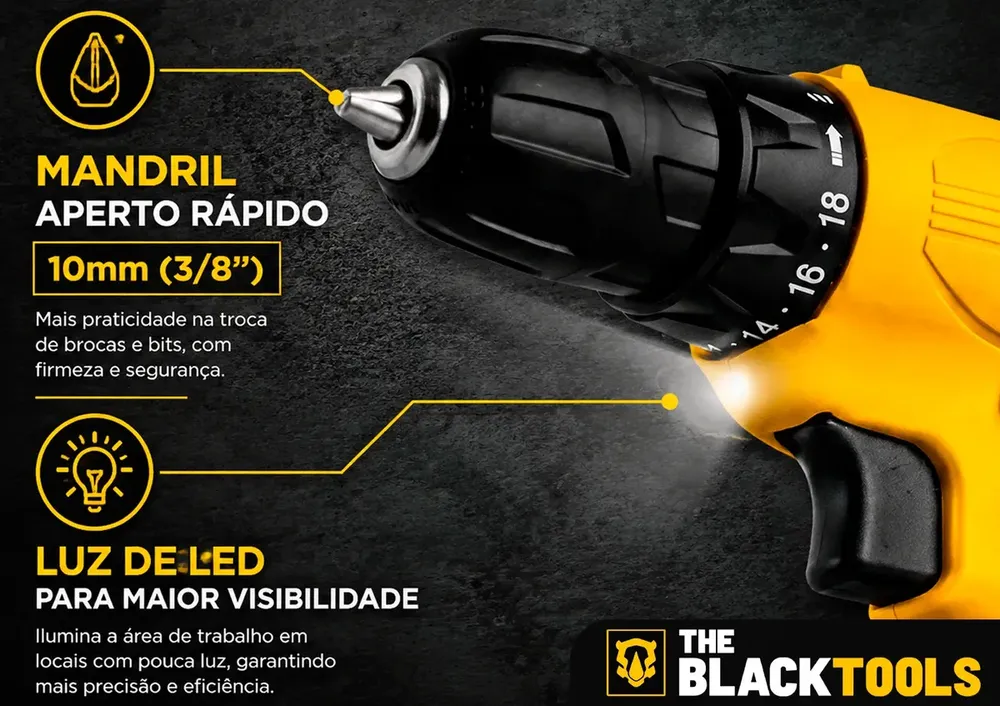 Parafusadeira Furadeira The Black Tools TB12A 3/8 a Bateria Cor Amarelo Frequência 60Hz 6