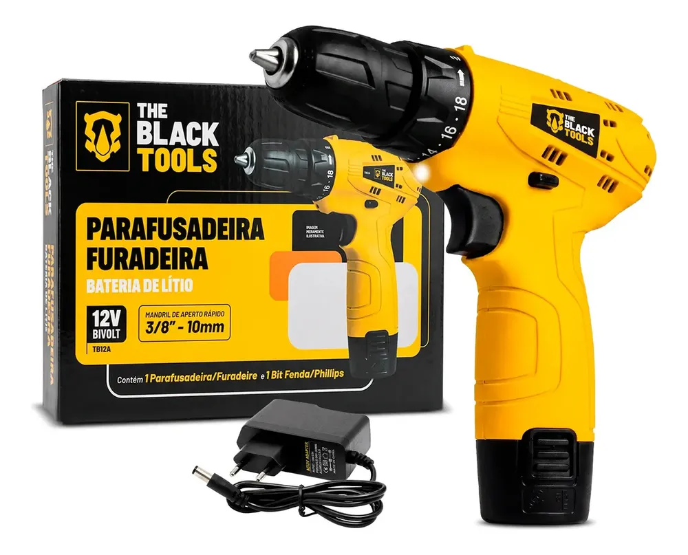 Parafusadeira Furadeira The Black Tools TB12A 3/8 a Bateria Cor Amarelo Frequência 60Hz 9