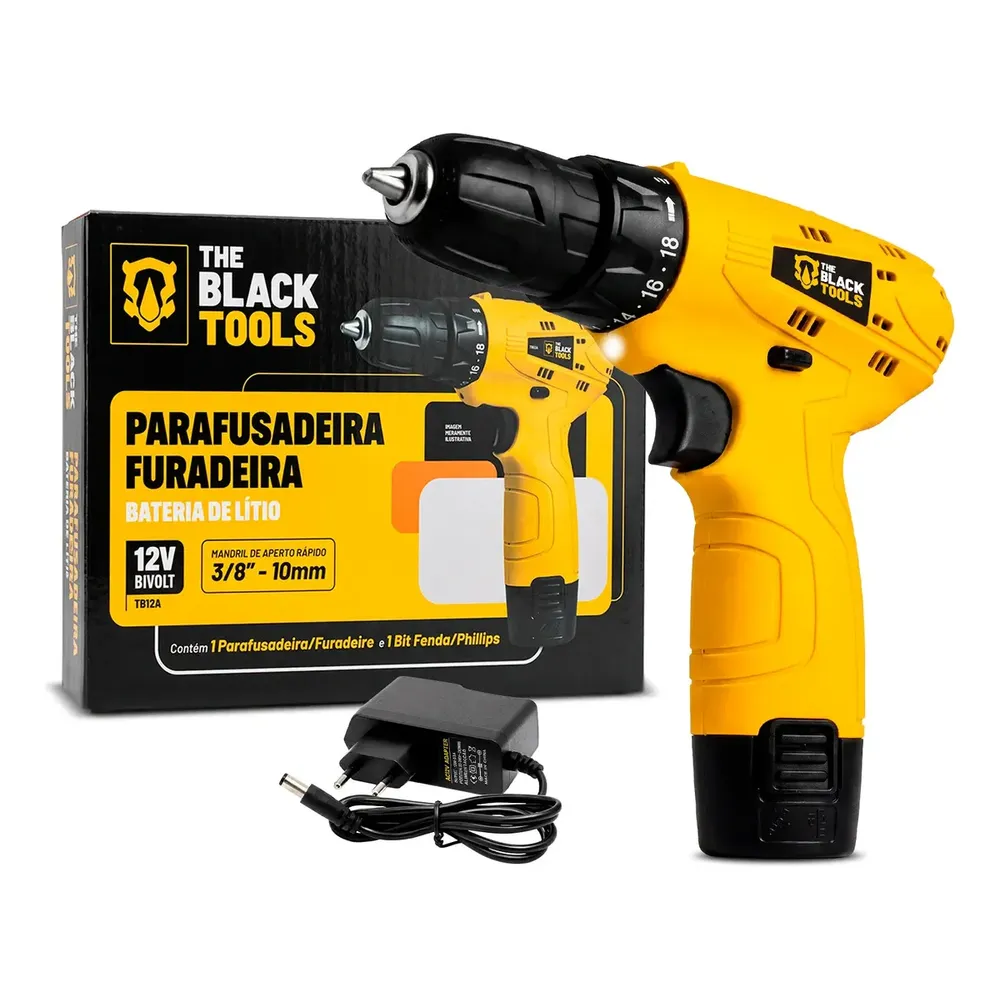 Parafusadeira Furadeira The Black Tools TB12A 3/8 a Bateria Cor Amarelo Frequência 60Hz 10