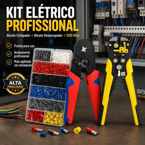 Kit Elétrico Profissional Com Alicate Decapador Fios + Alicate Crimpador + 1200 Ilhós...