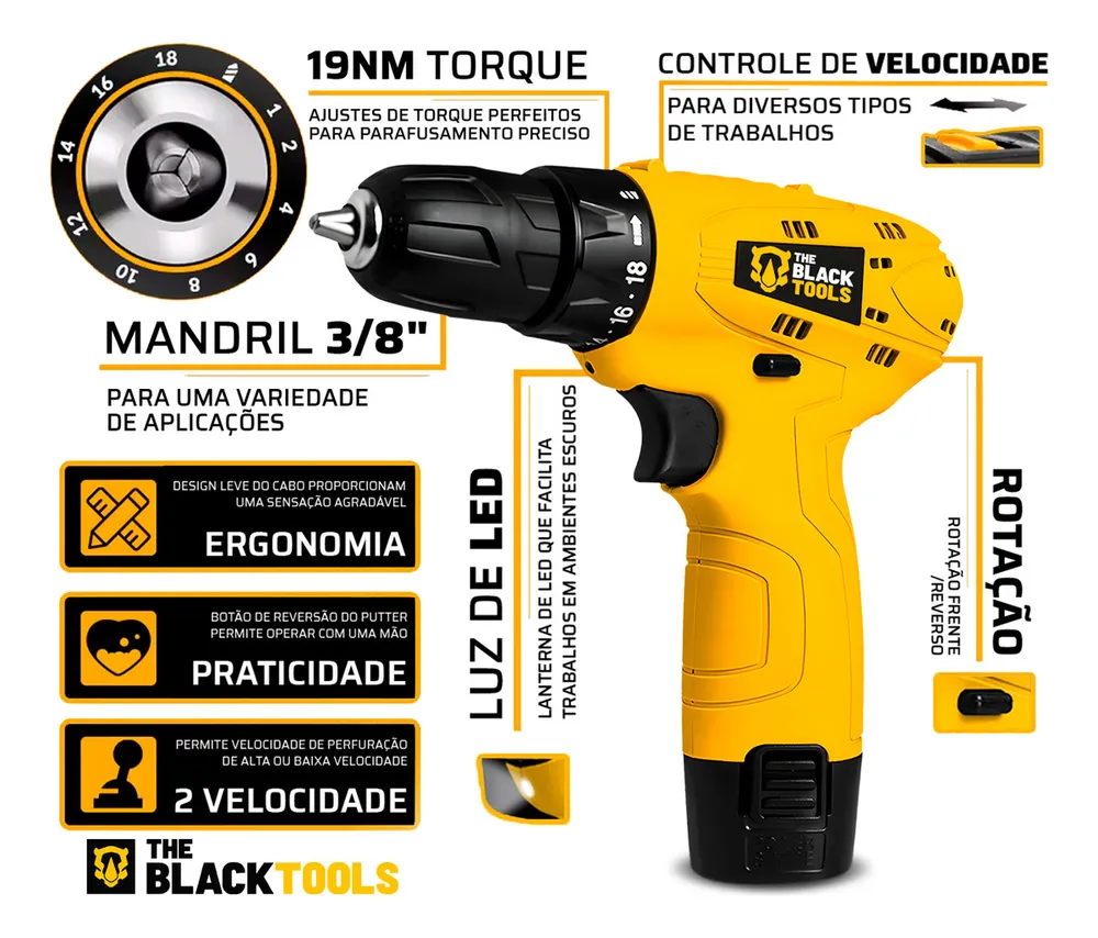 Parafusadeira Furadeira 3/8 A Bateria Tb12a The Black Tools Jogo Brocas E Buchas 300 Peças 2