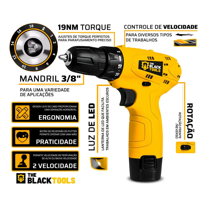 Parafusadeira Furadeira 3/8 A Bateria Tb12a The Black Tools Jogo Brocas E Buchas 300 Peças 3