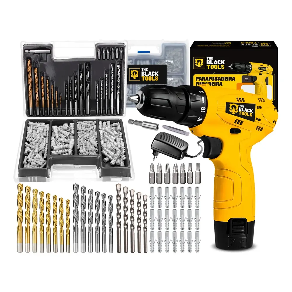 Parafusadeira Furadeira 3/8 A Bateria Tb12a The Black Tools Jogo Brocas E Buchas 300 Peças 6