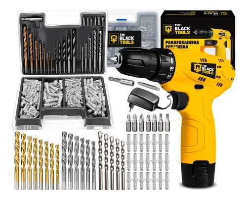 Parafusadeira Furadeira 3/8 A Bateria Tb12a The Black Tools Jogo Brocas E Buchas 300 Peças 8