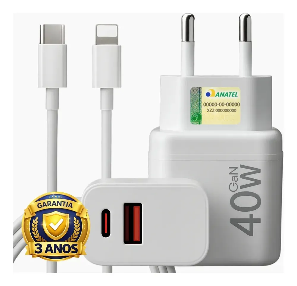 Carregador Turbo 40w iPhone 8 X Xr 11 12 13 14 Pro Max 2