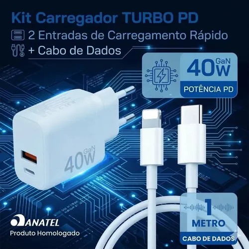 Carregador Turbo 40w iPhone 8 X Xr 11 12 13 14 Pro Max 8